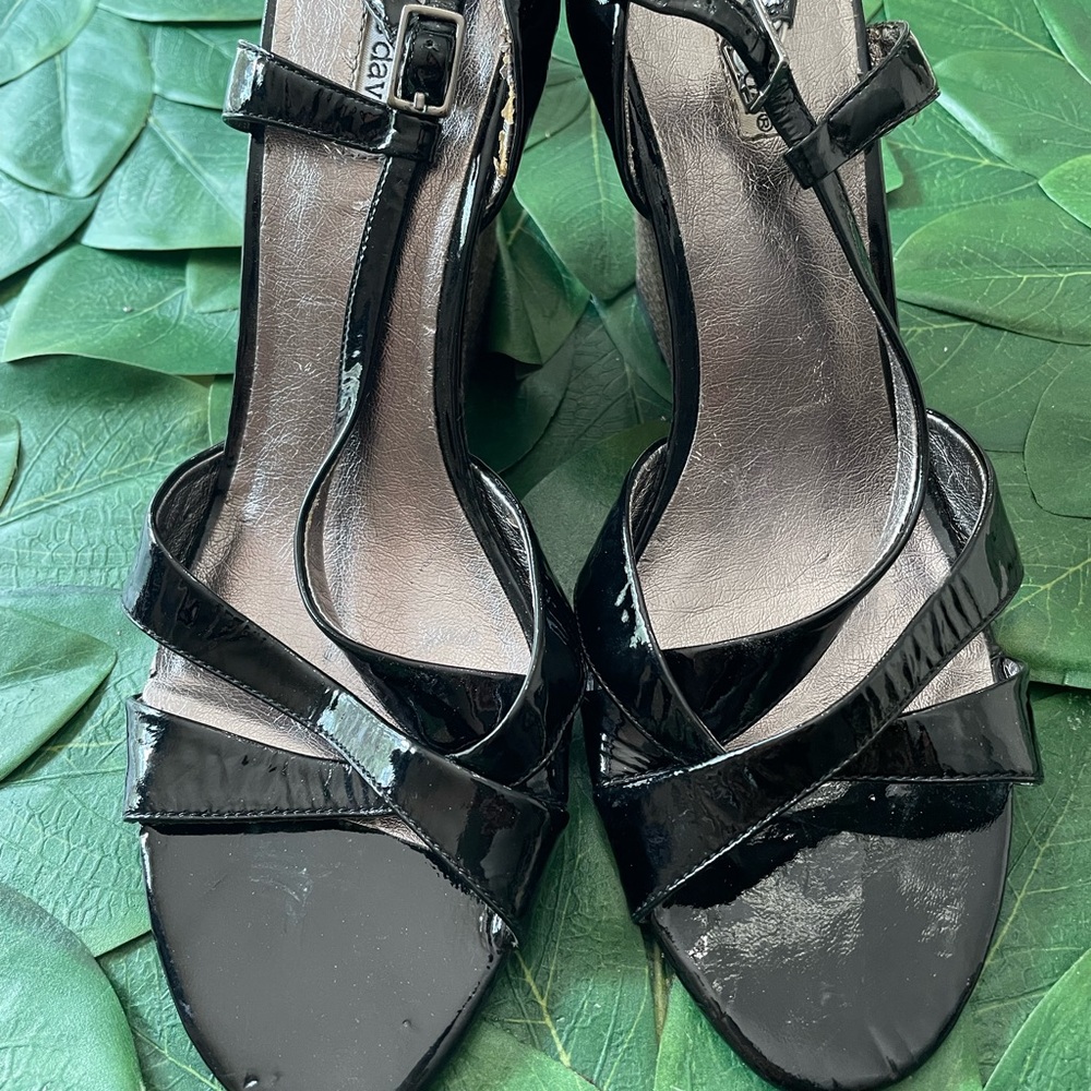 Charles David Black Patten Leather Wedge Sandals